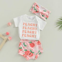 Clothing Sets Bmnmsl Baby Girls Summer Outfit Letter Print Short Sleeve Romper And Elastic Peach Shorts Headband Set
