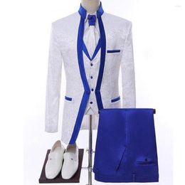 Men's Suits Handcrafted White Royal Blue Wedding Suit: Shawl Collar Formal Jacket Pants Vest - Elegant Three-Piece Costume Homme!