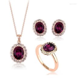 Necklace Earrings Set Ociki Rose Gold Color Jewelry Cubic Zirconia CZ Purple Crystal Wedding Chokers And Ring For Women Gift