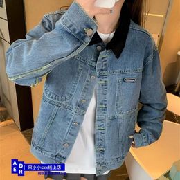 Womens Jackets Ader High Quality 1 Colour Contrast Lapel Jean Jacket Oversize Loose Vintage Short Top 230707