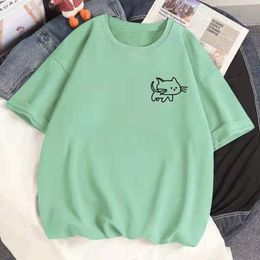 Pants 2023 Summer Fashion Tshirt Women 100% Cotton Haruku Kawaii Pocket Cat Print Loose Casual Short Sleeved T Shirt Female Y2k Top