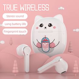 T18a wireless Bluetooth headset cute cat two ear music earplug earpiece with charging case headphone suit for smartphone cellphone headphones for girl women