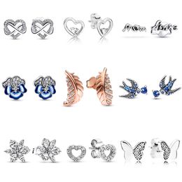 New Original 100% 925 Sterling Silver pan Heart Blue Pansy Flower Love Mum Swallow Floating Curved Feather Stud Earrings