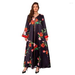 Ethnic Clothing Black Dresses Women Elegant Logn Sleeve Beaded Formal Evening Flower Girls Dubai Muslims Abaya Red Tassel Rose Dress