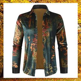 Men's Casual Shirts Vintage Style Flower Print Shirt Long Sleeve Turn-Down Collar Cotton Linen Button Blouse Comfortable Vacation Male Slim