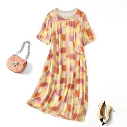 2023 Summer Yellow Plaid Print Panelled Silk Dress Short Sleeve Round Neck Knee-Length Casual Dresses C3Q04 Plus Size XXL 5079