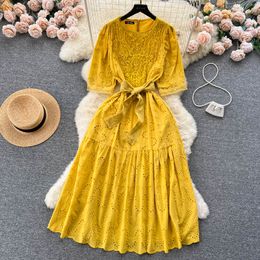 Basic Casual Dresses French Celebrity A-line Dress Women's Summer New Fashion Round Neck Hollow Out Lace Embroidery Elegant Clothes Vestidos 2023