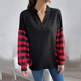 Women's Blouses Autumn Winter T-shirts Casual Plaid Print Long Sleeve V Neck Tops Plus-size Cotton Linen Ladies Loose T Clothing Blusas