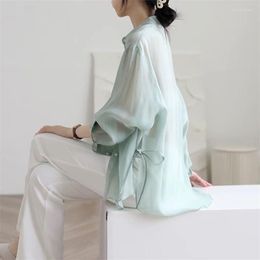 Women's Knits 2023 Summer Long Sleeve Button Up Shirts Women Korean Style Solid Thin Cardigan Side Tie Oversize Blouse Loose Female Clothes