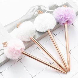 Plush Ball Design Crown Shape Ballpoint Pen Writing Fluently Decorative School Office Stationery For Student