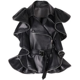 Pants Yoloagain Ruffles Pleated Black Leather Vest Gilet Women Sleeveless Genuine Leather Jacket Ladies