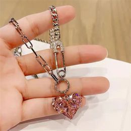Ins Sparkling Heart Pendant Luxury Jewellery 925 Sterling Silver Princess Cut Pink Topaz CZ Diamond Gemstones Party Women Wedding Pin Clavicle Necklace For Lover Gift