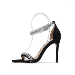 Women Sexy Rhinestone for Chain Summer Fairy Sandals Black Suede Stiletto High Heels Open Toed Pumps Party Shoes 643 664