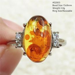 Cluster Rings Natural Yellow Piebald Amber Adjustable Ring Gemstone Women Oval Bead Healing Stone 925 Sterling Silver