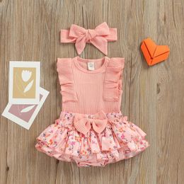 Clothing Sets 0-18M Baby Girls 3-Pack Casual Cute Outfit Solid Colour Ruffle Trim Sleeveless Lace Romper Floral Print Skirt Shorts Headband