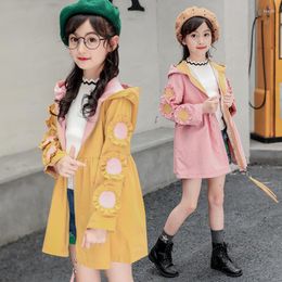 Coat Girls Fashion Flowers Spliced Trench Spring Fall Children Cute Applique Hooded Jacket Kids Students Casual Windbreaker P121