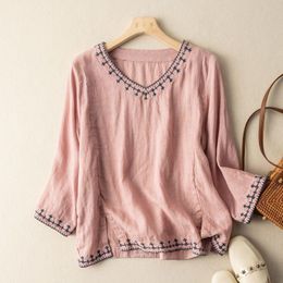 Dresses 3/4 Sleeve Embroidered Cotton Linen Blouses Ladies Tops Literary Retro Women White Pink V Neck Shirt Loose Spring Summer Top