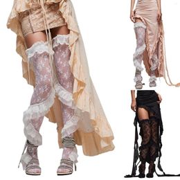 Women Socks Summer Lace Thigh High Sheer Ruffle Floral Stockings For Lady Girls