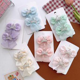 Hair Accessories 1 Pair Korean Sweet Girl Princess Fabric Mesh Ribbon Bow Clip Fashion Children's Rhinestones Crown Hairpins Headwear