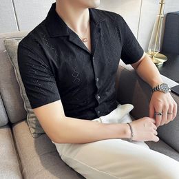 Men's Casual Shirts SUNWANG Brand V-neck Elastic Lace Men Slim Fit Fashion Grid Short-sleeved Business Dress Shirt Blouse