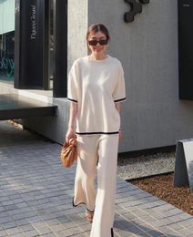 Women's Knits Knit Short Sleeve Shirt With Wide Legging Pants Summer Wear