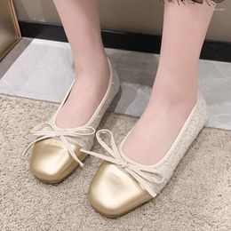 Dress Shoes Ballet Low Heels Women's Flat 2023 Two-color Stitching Round Bow Classic Tweed Work Pumps