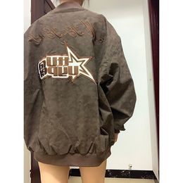 Womens Jackets American Vintage Embroidered Letters Suede Jacket Female Loose Casual Street Wear Hiphop Baseball Couple Coat Women 230707