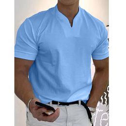 Dress Casual Short Sleeve Tshirts for Men Fashion Solid Colour Vneck Pullover Tops Men Shirts Streetwear New Male