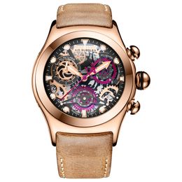 Reef Tiger/RT Skeleton Sport Watches for Men Rose Gold Luminous Quartz Watches Genuine Leather Strap RGA792