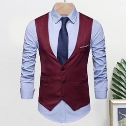 Men's Vests Men Business Waistcoat Sleeveless Low-cut V Neck Single-breasted Solid Colour Slim Fit Patch Pockets Buttons Formal Groom Vest