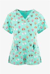 Dress Summer V Neck Scrub Top Women Printed Work Uniform Shirt Short Sleeve V Neck Uniform Blusas Nursing Dress Nurse Tunic Uniform