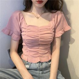 Women's Blouses Knitted Ruffle Summer Top With High Waist Cropped Blouse Women Tube Tops Short Sleeve White Black Solid Color Shirt 2023