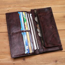 Genuine Leather Wallet For Men Women Vintage Retro Wrinkled Long Bifold Female Clutch Purse With Card Holder Zipper Coin Pocket