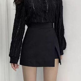 Skirts Fashion Side Split Mini For Women Korean High Waist Slim Fit A-Line Skirt Woman 2023 Summer Black With Shorts