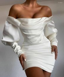 Party Dresses Sexy Bodycon Long Sleeve Satin Evening Zipper Back White Pleated Formal Dress For Women