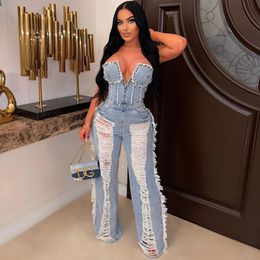 Suits Vintage Hole Tassel Denim Jumpsuit Women 2023 New Fashion Sexy Off the Shoulder V Neck Rivet Club Party Romper Y2k One Pieces