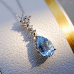 Pendant Necklaces Faux Aquamarine Created Topaz Simple Drop Shape Gem Necklace Collares White Gold Plated For Women Jewelry