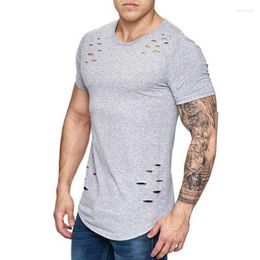 Men's Suits NO.2 A1291 Hole Ripped T Shirts Men Short Sleeve T-shirt Fitness Summer Clothes Funny Solid Tshirt Streetwear Slim Tops