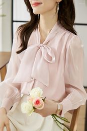 Women's Blouses Fashion Solid Satin Bow Tie Blouse Korean Shirts For Women Elegant Lace-up Organza Shirt Single Breasted Chiffon Long Sleeve