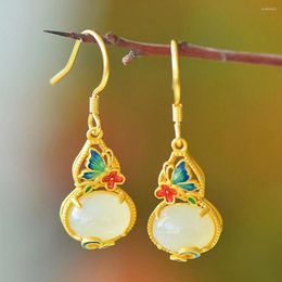 Dangle Earrings Vintage Flowers Butterfly Carved Colorful Enamel White Jade Gemstones Gourd Drop For Women 18k Gold Filled Jewelry Gift