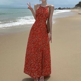 Повседневные платья летние бретель для шейного ремня без спинки Сексуальное платье сладкое кружево красное цветочное высокое талия курортное пляж Vestidos 27407