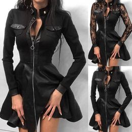 Skirts Women Long Sleeve Zipper Pocket Large Hem Faux Leather Lace Mini Dress Women's Clothing Elegant Fashion Party Dress vestidos 5XL 230707