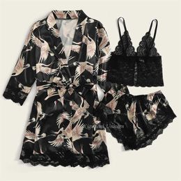 Women's Sleep Lounge 3piece Floral Print Faux Silk Robe Pajamas Sets Women Lace Satin Robe Suit Summer Sexy V-Neck Pyjamas Sleepwear Home Nightdress