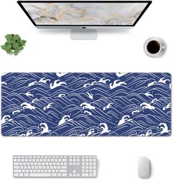 Japanese Wave Gaming Mouse Pad XL Non Slip Rubber Base Mousepad Stitched Edges Desk Pad, Extended Large Mice Pad 31.5 X 11.8 In