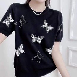 Women's T Shirts Short Sleeve Knitted Tops Butterfly Diamond Fashion Shirt Women Summer O Neck Pullover Tshirts Female Ice Silk Loose Tees