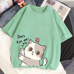 Pants 100% Cotton Summer Tshirts Haruku Anime Kawaii Cat Print Dont Kiss Me Loose Short Sleeved Wild T Shirts Women Tops Clothing