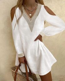 Casual Dresses 2023 Women Elegant Fashion Summer White Dress V Neck Patchwork Off Shoulder Sexy Long Sleeve Mini Party Tunicas