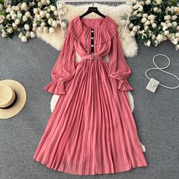 Basic Casual Dresses Summer New Slim Pleated Dress Women's Celebrity Ruffle Long Sleeve Solid Colour Clothes Vestidos Femininos Frete 2023