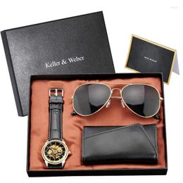 Wristwatches Creative Gift Set To Boyfriend Husband Men's Automatic Mechanical Wrist Watch With Cool Sunglasses Leather Key Holder Package
