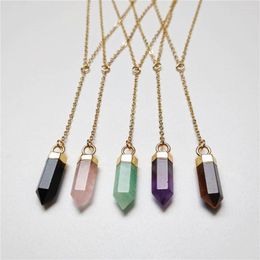 Pendant Necklaces FUWO Natural Quartz Point Necklace - Gold-plated Y Shape Chain Multicolour Gems Stone Jewellery For Women (NC125Y)